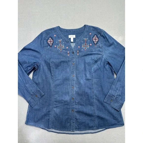 Studio bvd&co. Embroidered Denim Shirt Womens XL Blue Button Down Long Sleeve - Picture 1 of 12